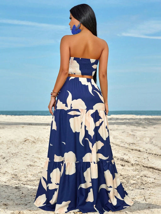 SHEIN SOLERSUN Conjunto de top bandeau fruncido con detalle retorcido en el lateral y falda con volantes y abertura en el muslo - Quierox - Tienda Online