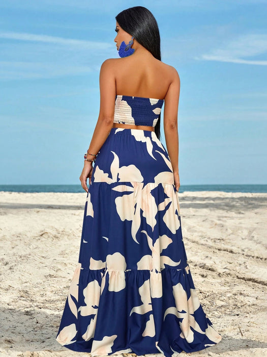 SHEIN SOLERSUN Conjunto de top bandeau fruncido con detalle retorcido en el lateral y falda con volantes y abertura en el muslo - Quierox - Tienda Online