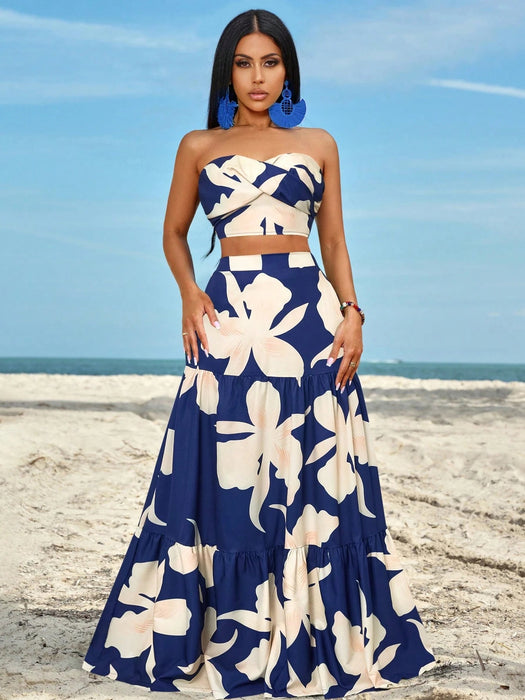 SHEIN SOLERSUN Conjunto de top bandeau fruncido con detalle retorcido en el lateral y falda con volantes y abertura en el muslo - Quierox - Tienda Online