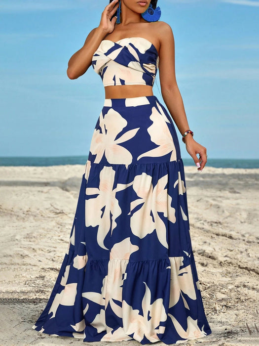 SHEIN SOLERSUN Conjunto de top bandeau fruncido con detalle retorcido en el lateral y falda con volantes y abertura en el muslo - Quierox - Tienda Online