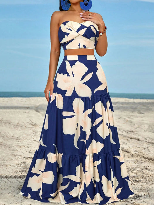 SHEIN SOLERSUN Conjunto de top bandeau fruncido con detalle retorcido en el lateral y falda con volantes y abertura en el muslo - Quierox - Tienda Online