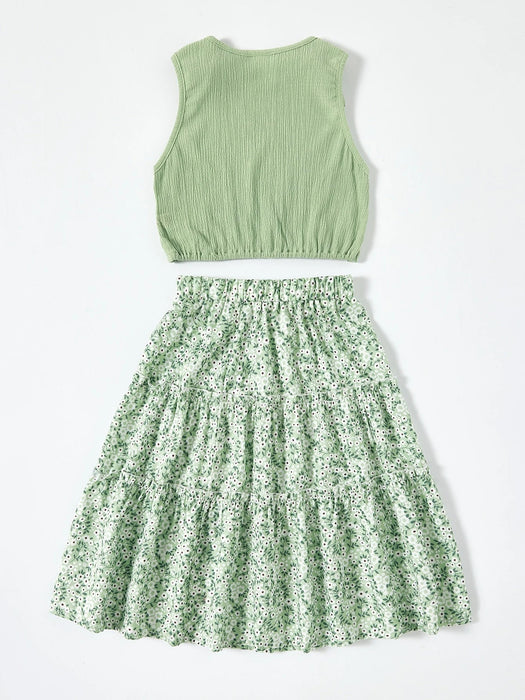 SHEIN Sparklyn Top con lazo y falda floral pequeña para preadolescentes - Quierox - Tienda Online