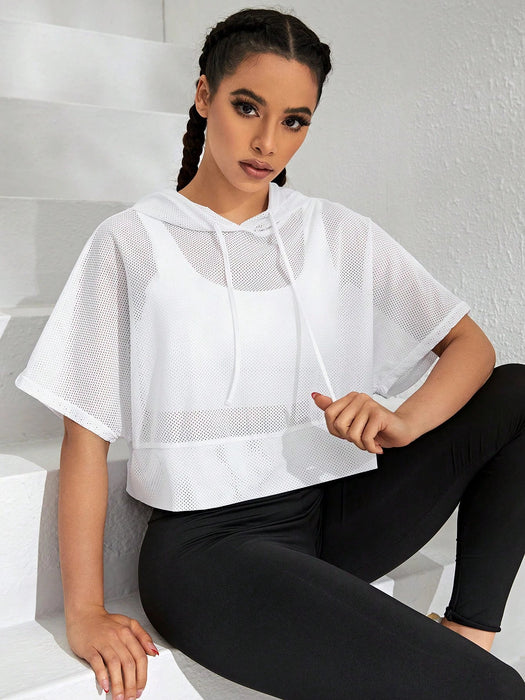 SHEIN Sport Camiseta deportiva con capucha y cordón ajustable de manga murciélago sin sujetador para gimnasio - Quierox - Tienda Online