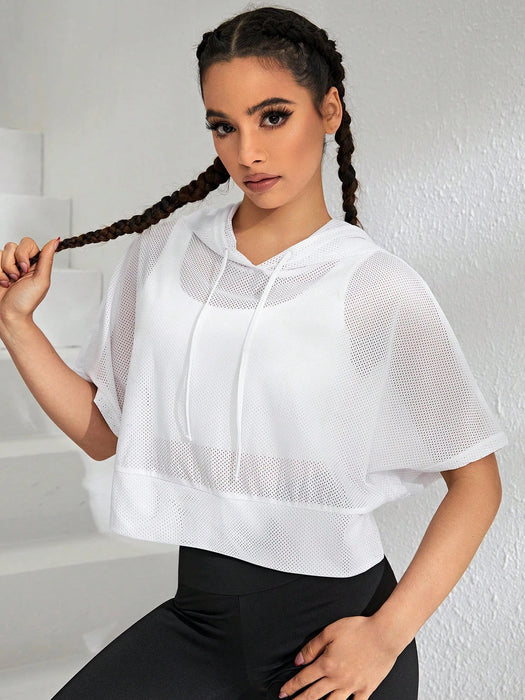 SHEIN Sport Camiseta deportiva con capucha y cordón ajustable de manga murciélago sin sujetador para gimnasio - Quierox - Tienda Online