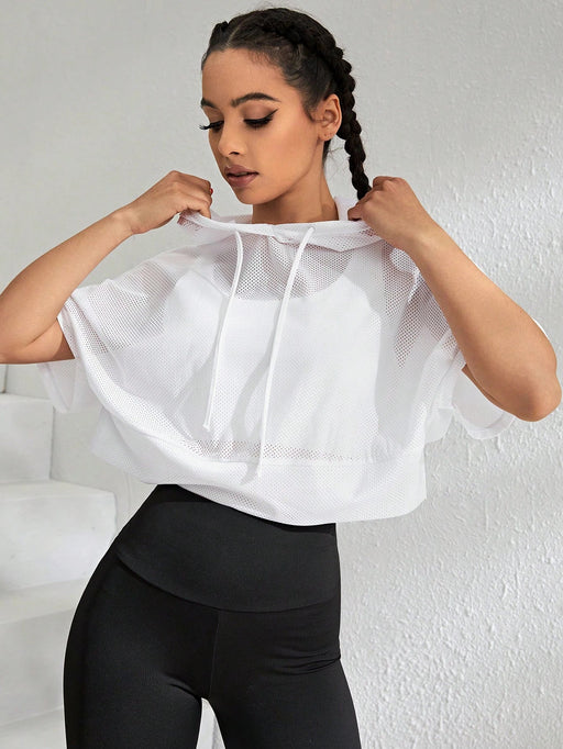 SHEIN Sport Camiseta deportiva con capucha y cordón ajustable de manga murciélago sin sujetador para gimnasio - Quierox - Tienda Online