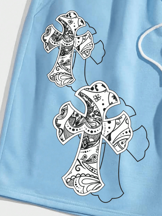 Shein Street Life Pantalones cortos con cintura de cordón y estampado de cruz para hombres, escuela - Quierox - Tienda Online