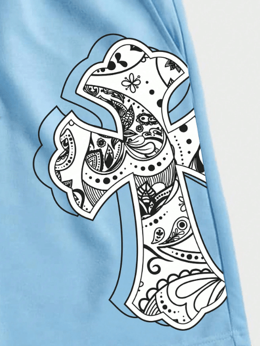 Shein Street Life Pantalones cortos con cintura de cordón y estampado de cruz para hombres, escuela - Quierox - Tienda Online