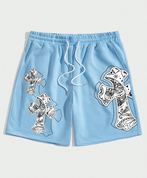Shein Street Life Pantalones cortos con cintura de cordón y estampado de cruz para hombres, escuela - Quierox - Tienda Online
