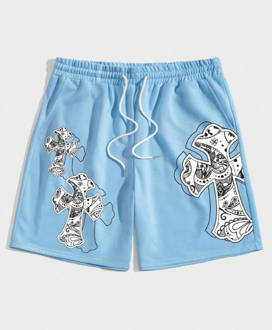 Shein Street Life Pantalones cortos con cintura de cordón y estampado de cruz para hombres, escuela - Quierox - Tienda Online