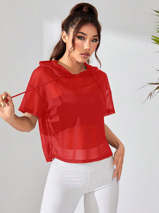 SHEIN Sudadera de manga corta con capucha de malla de color liso para mujer - Quierox - Tienda Online
