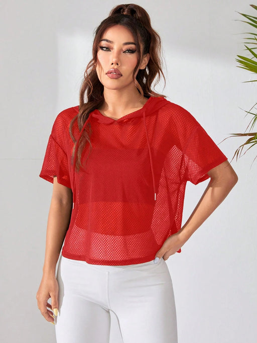 SHEIN Sudadera de manga corta con capucha de malla de color liso para mujer - Quierox - Tienda Online