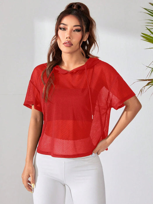 SHEIN Sudadera de manga corta con capucha de malla de color liso para mujer - Quierox - Tienda Online