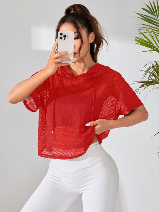 SHEIN Sudadera de manga corta con capucha de malla de color liso para mujer - Quierox - Tienda Online