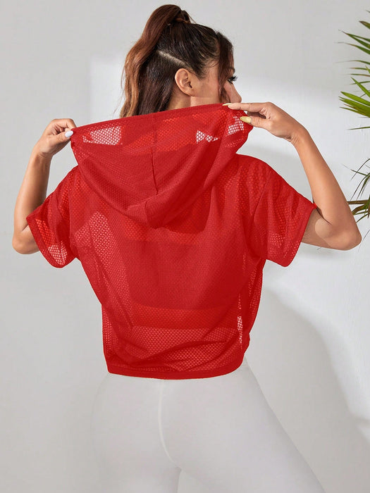 SHEIN Sudadera de manga corta con capucha de malla de color liso para mujer - Quierox - Tienda Online