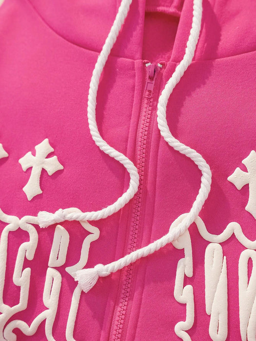 Shein Sudadera de manga larga con capucha, cordón ajustable y estampado de letras cruzadas para mujer - Quierox - Tienda Online