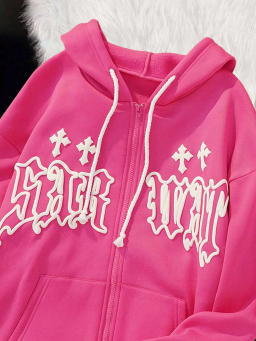 Shein Sudadera de manga larga con capucha, cordón ajustable y estampado de letras cruzadas para mujer - Quierox - Tienda Online