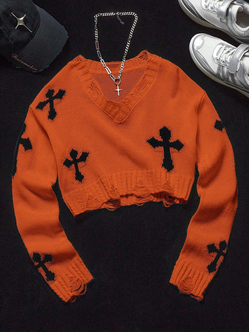 SHEIN Suéter de jacquard con flecos y cuello en V para niñas preadolescentes, ropa de calle de otoño/invierno - Quierox - Tienda Online