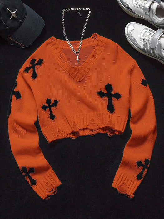 SHEIN Suéter de jacquard con flecos y cuello en V para niñas preadolescentes, ropa de calle de otoño/invierno - Quierox - Tienda Online