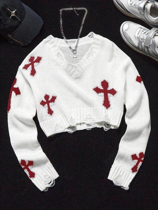 Shein Suéter de manga larga con cuello en V y detalles gráficos para niñas preadolescentes de Coolane Kids - Quierox - Tienda Online