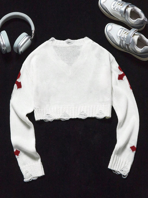 Shein Suéter de manga larga con cuello en V y detalles gráficos para niñas preadolescentes de Coolane Kids - Quierox - Tienda Online