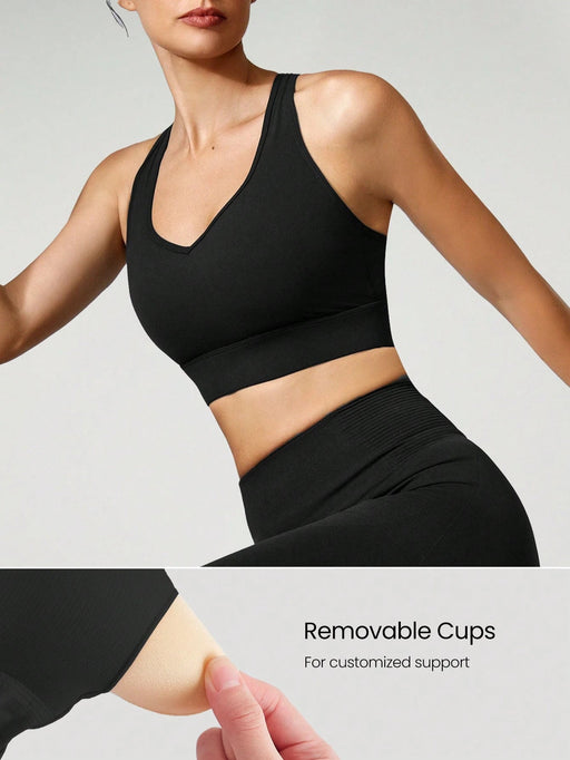 SHEIN Sujetador Deportivo Con Cuello En VY Tirantes De Aro - Quierox - Tienda Online