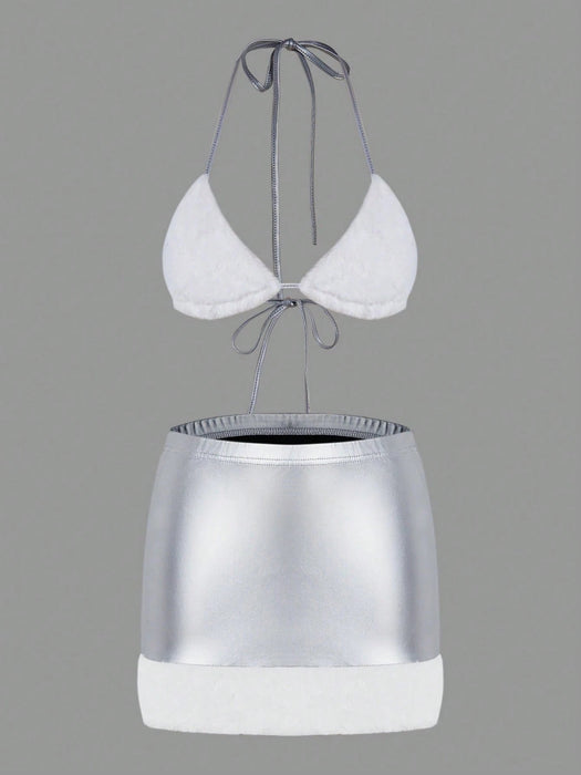 SHEIN Sweetina Top halter ribete lanudo de espalda abierta - Quierox - Tienda Online