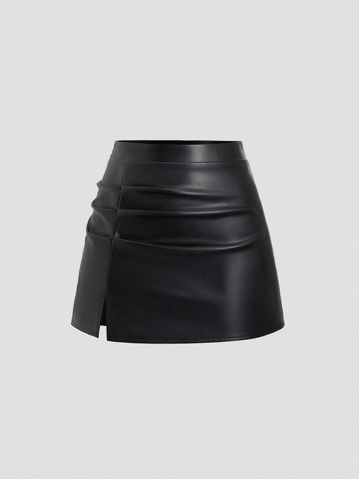 Shein Sweetra Falda corta elegante estilo retro de talle alto, plisada de piel sintética brasileña - Quierox - Tienda Online