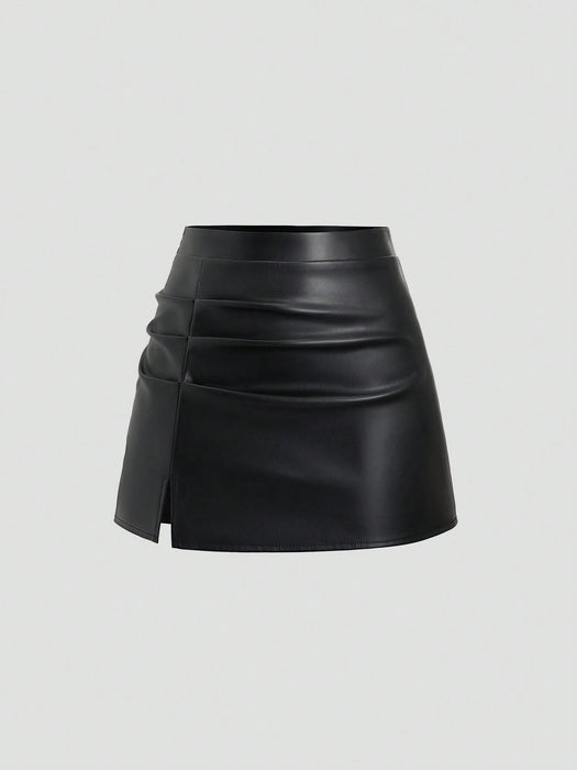 Shein Sweetra Falda corta elegante estilo retro de talle alto, plisada de piel sintética brasileña - Quierox - Tienda Online