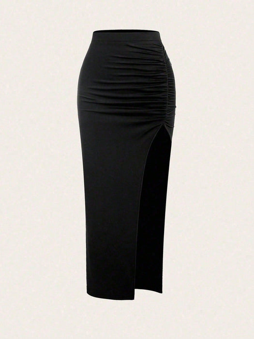 SHEIN Sweetra Falda larga con cintura elástica, pliegues y abertura lateral - Quierox - Tienda Online