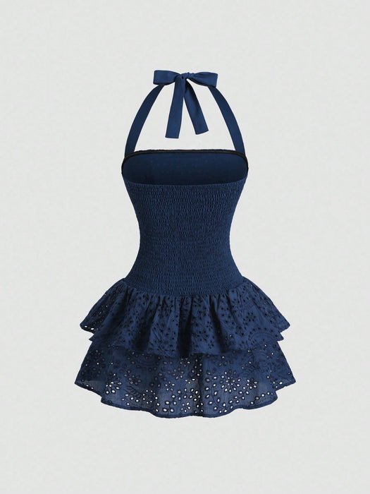 SHEIN Sweetra Vestido mini de verano ajustado de cuello halter con volantes - Quierox - Tienda Online