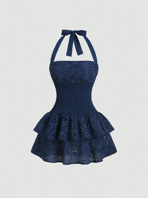 SHEIN Sweetra Vestido mini de verano ajustado de cuello halter con volantes - Quierox - Tienda Online
