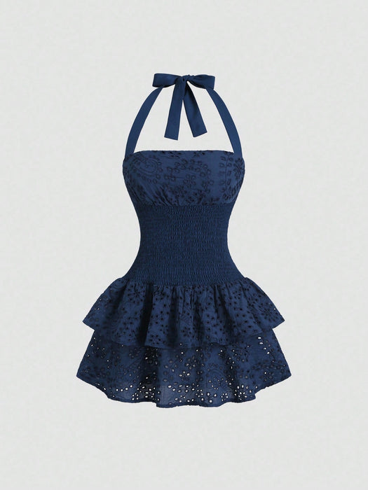 SHEIN Sweetra Vestido mini de verano ajustado de cuello halter con volantes - Quierox - Tienda Online