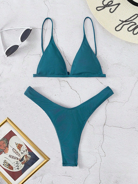Shein Swim Basics Conjunto de bikini de corte alto triangular acanalado para playa de verano - Quierox - Tienda Online