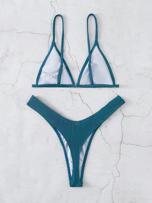 Shein Swim Basics Conjunto de bikini de corte alto triangular acanalado para playa de verano - Quierox - Tienda Online