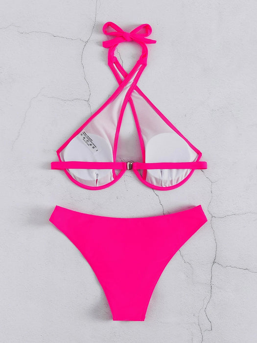 SHEIN Swim Bikini de verano con escote halter cruzado y aros - Quierox - Tienda Online