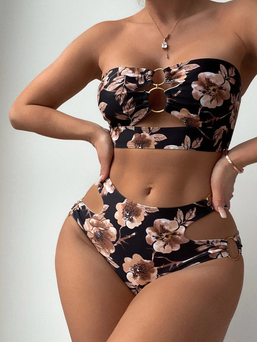 SHEIN Swim Conjunto de bikini con estampado floral Sujetador de bandeau con aros - Quierox - Tienda Online