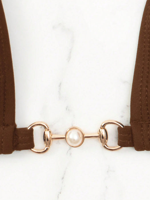 SHEIN Swim Conjunto de bikini de traje de baño de perlas falsas con sujetador de triángulo - Quierox - Tienda Online