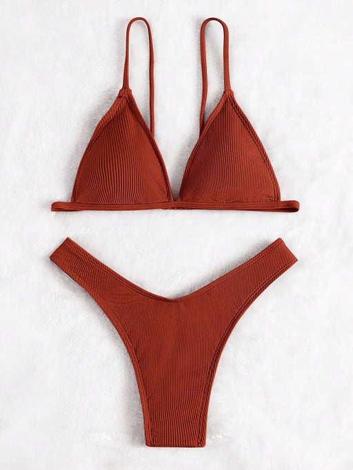 SHEIN Swim Conjunto de bikini de traje de baño de verano con sostén de triángulo de punto acanalado - Quierox - Tienda Online
