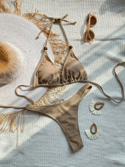 SHEIN Swim Conjunto de bikini de triángulo con cuello halter liso para playa de verano - Quierox - Tienda Online