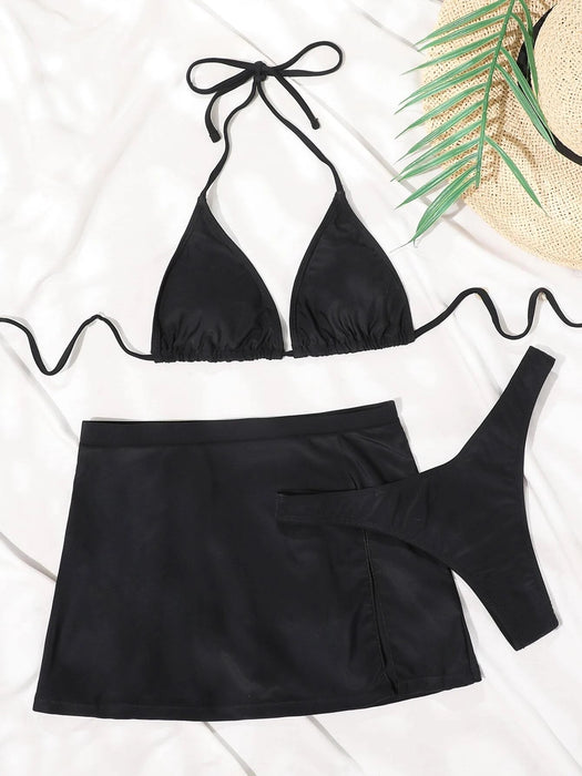 SHEIN Swim Conjunto de bikini mono traje de bano de 3 piezas triangular halter tanga y falda