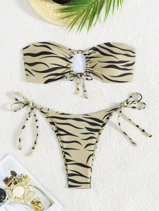 SHEIN Swim Vcay Conjunto de bikini bandeau con lazo lateral y rayas de cebra para playa - Quierox - Tienda Online