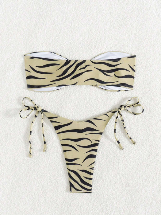 SHEIN Swim Vcay Conjunto de bikini bandeau con lazo lateral y rayas de cebra para playa - Quierox - Tienda Online