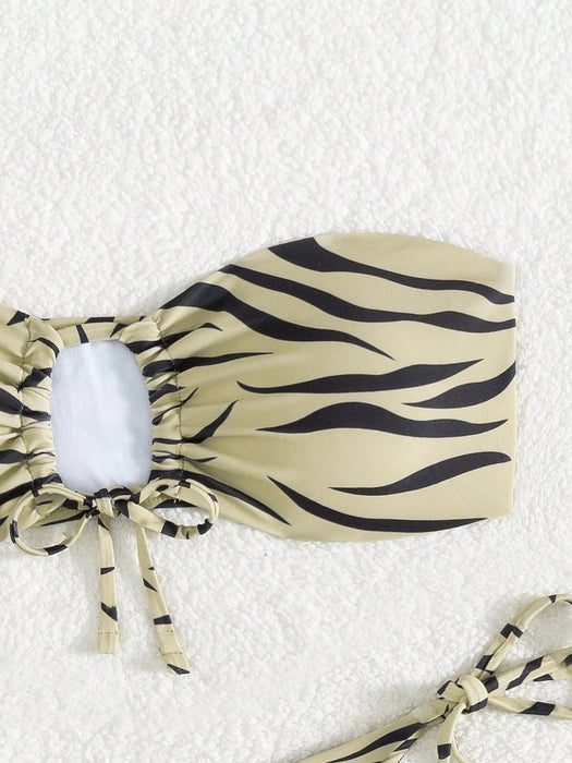 SHEIN Swim Vcay Conjunto de bikini bandeau con lazo lateral y rayas de cebra para playa - Quierox - Tienda Online