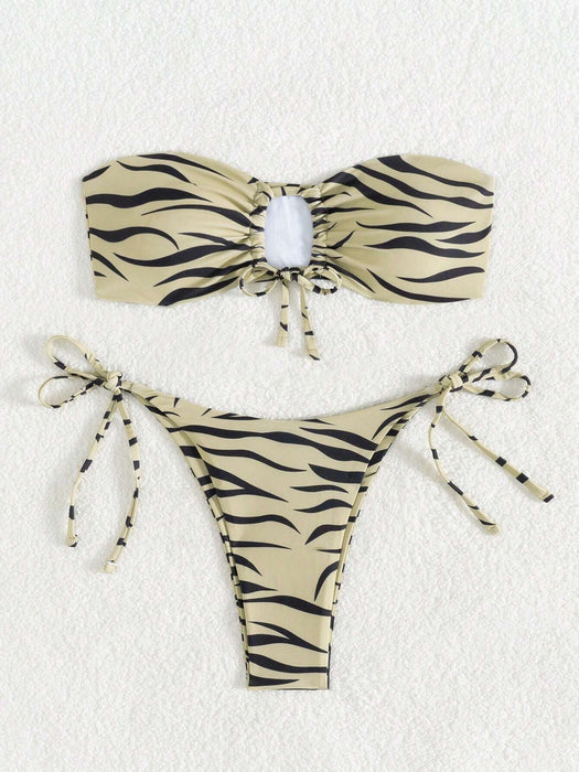 SHEIN Swim Vcay Conjunto de bikini bandeau con lazo lateral y rayas de cebra para playa - Quierox - Tienda Online