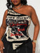 SHEIN SXY Blusa ajustada, estampado de eslogan, hombro asimétrico, para mujer - Quierox - Tienda Online