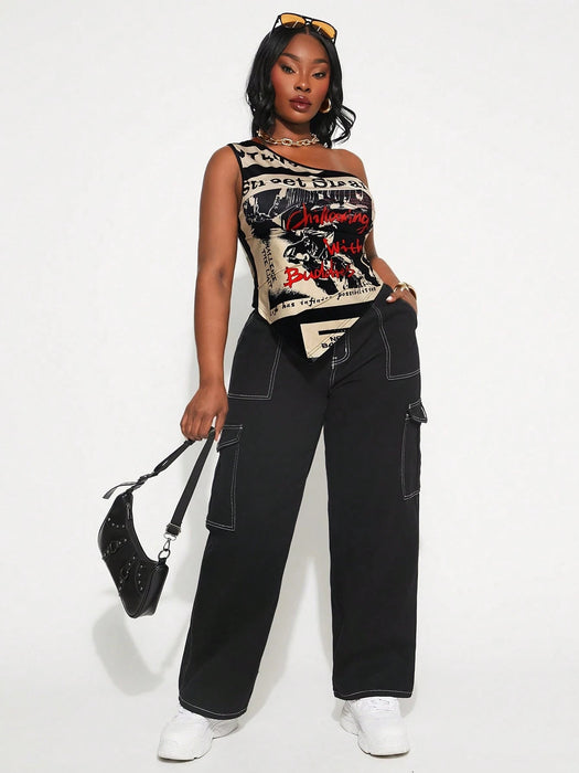 SHEIN SXY Blusa ajustada, estampado de eslogan, hombro asimétrico, para mujer - Quierox - Tienda Online