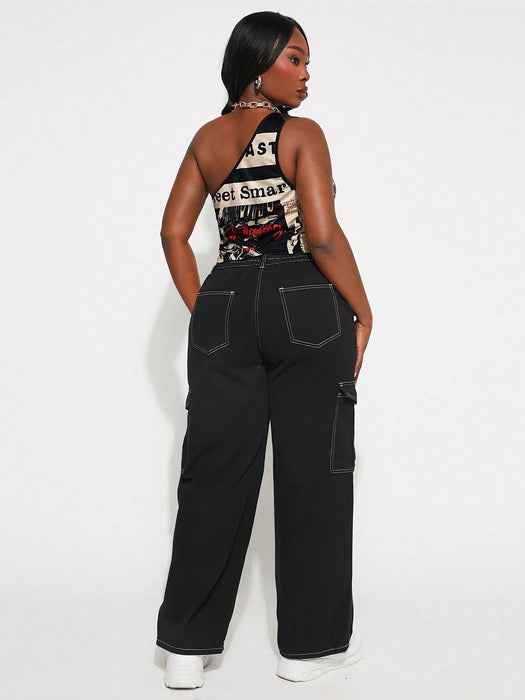 SHEIN SXY Blusa ajustada, estampado de eslogan, hombro asimétrico, para mujer - Quierox - Tienda Online