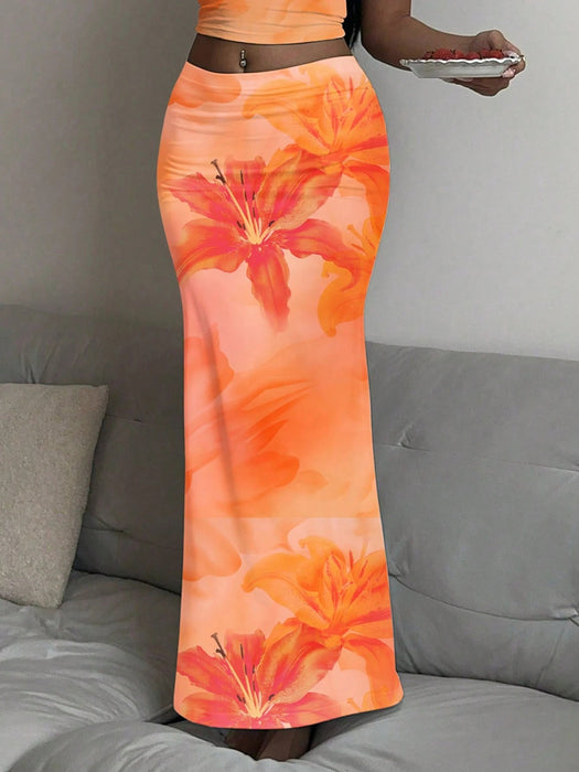 SHEIN SXY Falda de punto ceñida estampada floral de largo - Quierox - Tienda Online