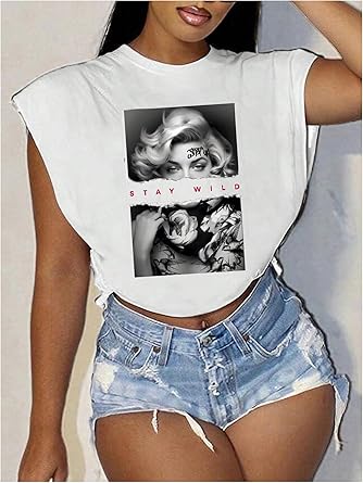 SHEIN Top corto estampado informal de cuello redondo y corte holgado para mujer - Quierox - Tienda Online