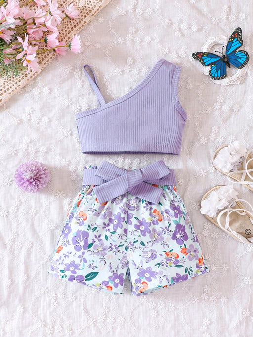 SHEIN Top De Cuello Asimétrico Para Niña Y Pantalones Cortos Ajustados - Quierox - Tienda Online